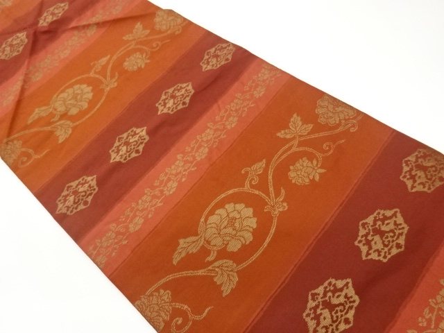 Nagoya obi woven with floral arabesque pattern in horizontal stripes